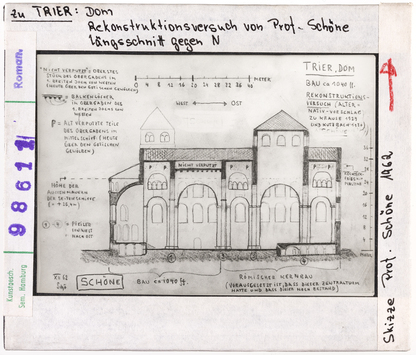 Vorschaubild Trier, Dom:  Längsschnitt gegen Norden, Rekonstruktionsversuch Wolfgang Schöne 1962 